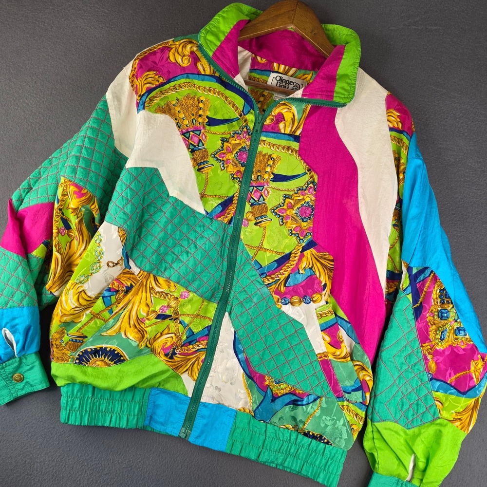 Clipper Bay Windbreaker Jacket Womens Small Multicolor Baroque 90s Retro Zip Up